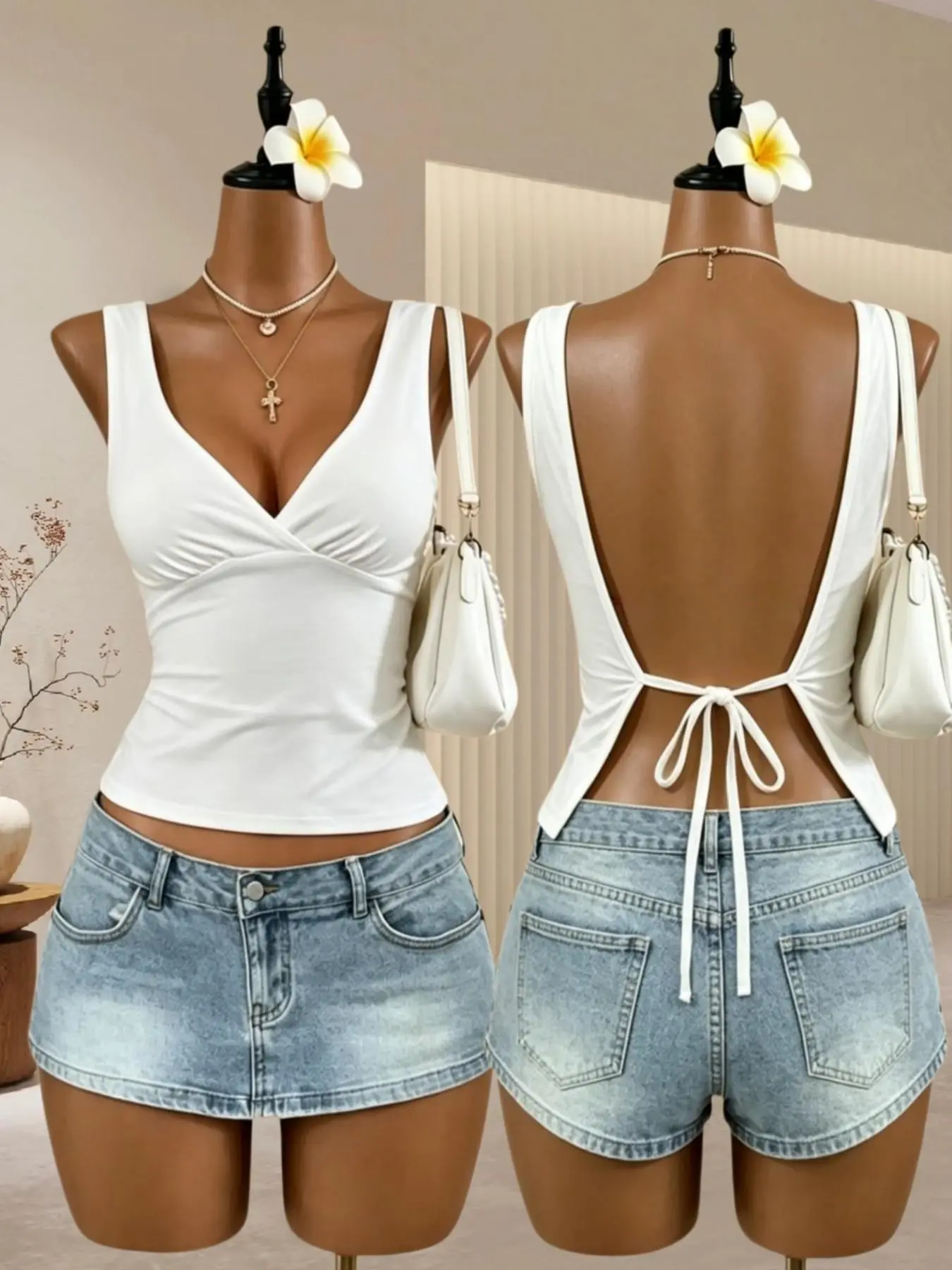 Elegant Chic Deep V Neck Crop Tank Top, Polka Dot Pattern, Slim-Fitting, Backless Design, Tie Back, Short Sleeveless Top