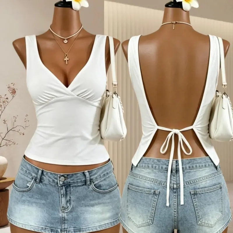 Elegant Chic Deep V Neck Crop, Polka Dot Pattern, Slim-Fitting, Backless Design, Tie Back, Short Sleeveless Top, Backless Crop Camisole
