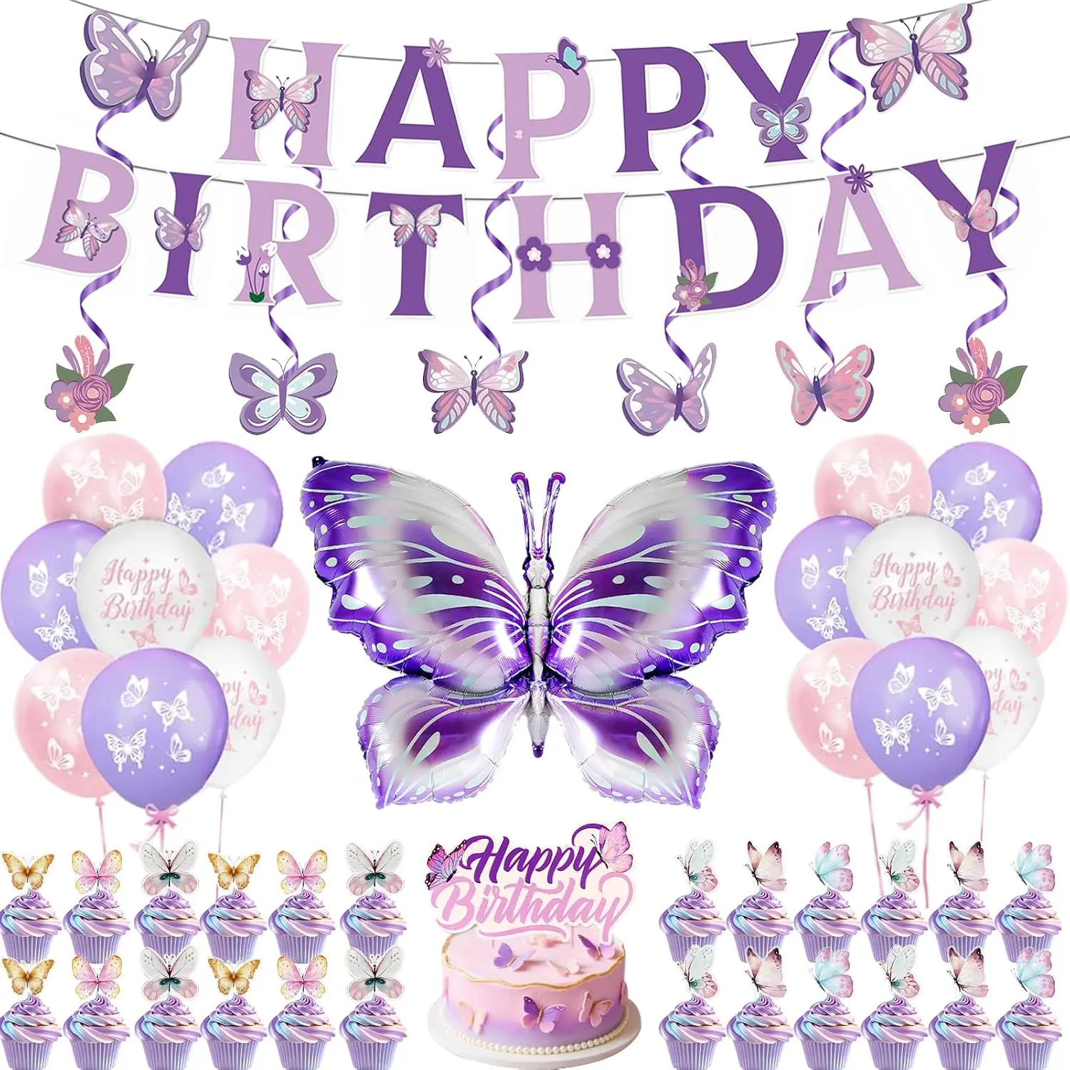 Butterfly Birthday Decorations, Happy Birthday Banner, , Cupcake Topper, Balloon, Big Butterfly Foil Balloon for Girls Butterfly Party Decors