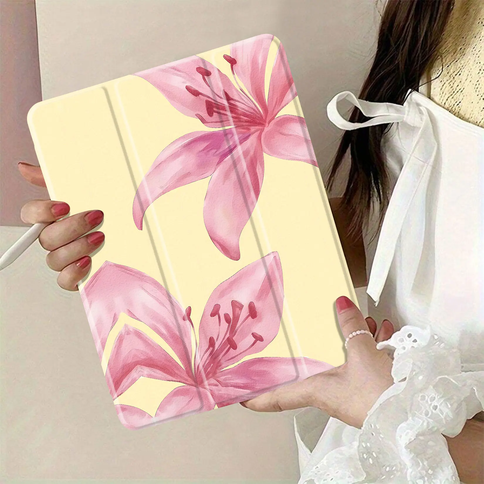 Soft Cover Tablet Case with Pink Lily Pattern - Soft Yellow Background, Delicate Elegant Design, Safe Material, Floral Beauty Decorative Accessory for Tablet Covers & Cases Enthusiasts