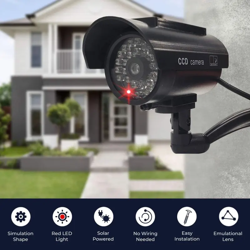 New Upgraded Solar Powered Dummy Security Camera, Realistic Fake CCTV Surveillance Camera with Flashing Red LED, Waterproof Outdoor Simulation Fake Monitor for Home Yard Garage Warehouse Anti-Theft Protection