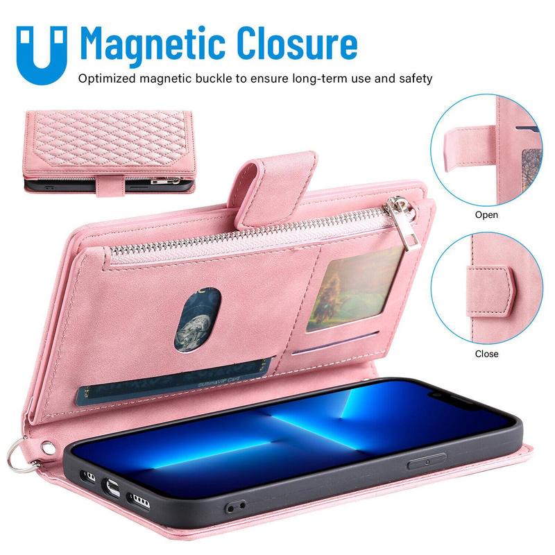 Crossbody Wallet Case For iPhone 17 16 Pro Max 15 14 Plus 13 12 Leather Phone Case with Card Holder Kickstand & Wrist Strap Cover Magnetic Closure Flip Handbag Zipper Purse Shell for Women