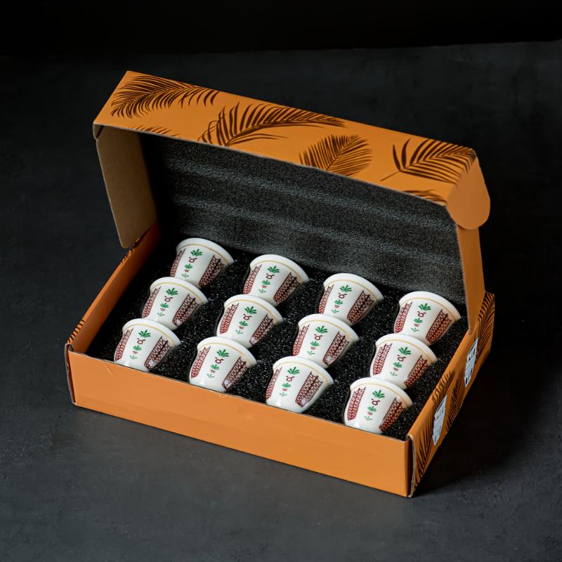 6/12pcs Ceramic Arabic Cawa Cups Set with Gift Box, Eid al-Adha Gahwa Espresso Shot Cups, Palm Tree/Tulip Design Coffee Cups
