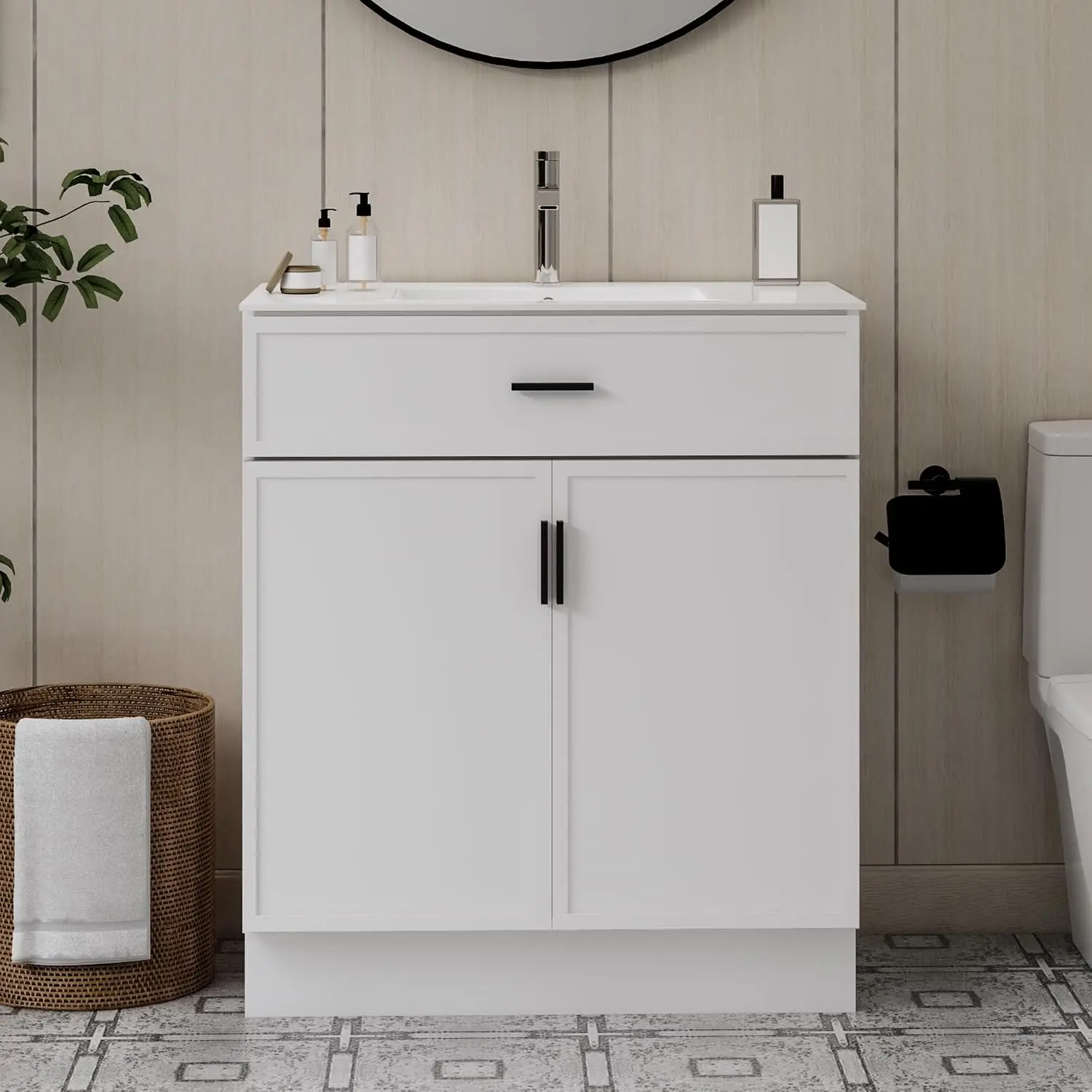 30 Inch White Bathroom Vanity with Ceramic Sink, Modern Freestanding Bathroom Cabinet with Soft-Close Doors & Storage, Moisture-Resistant Paint Surface, Single Sink Vanity for Small Bathroom