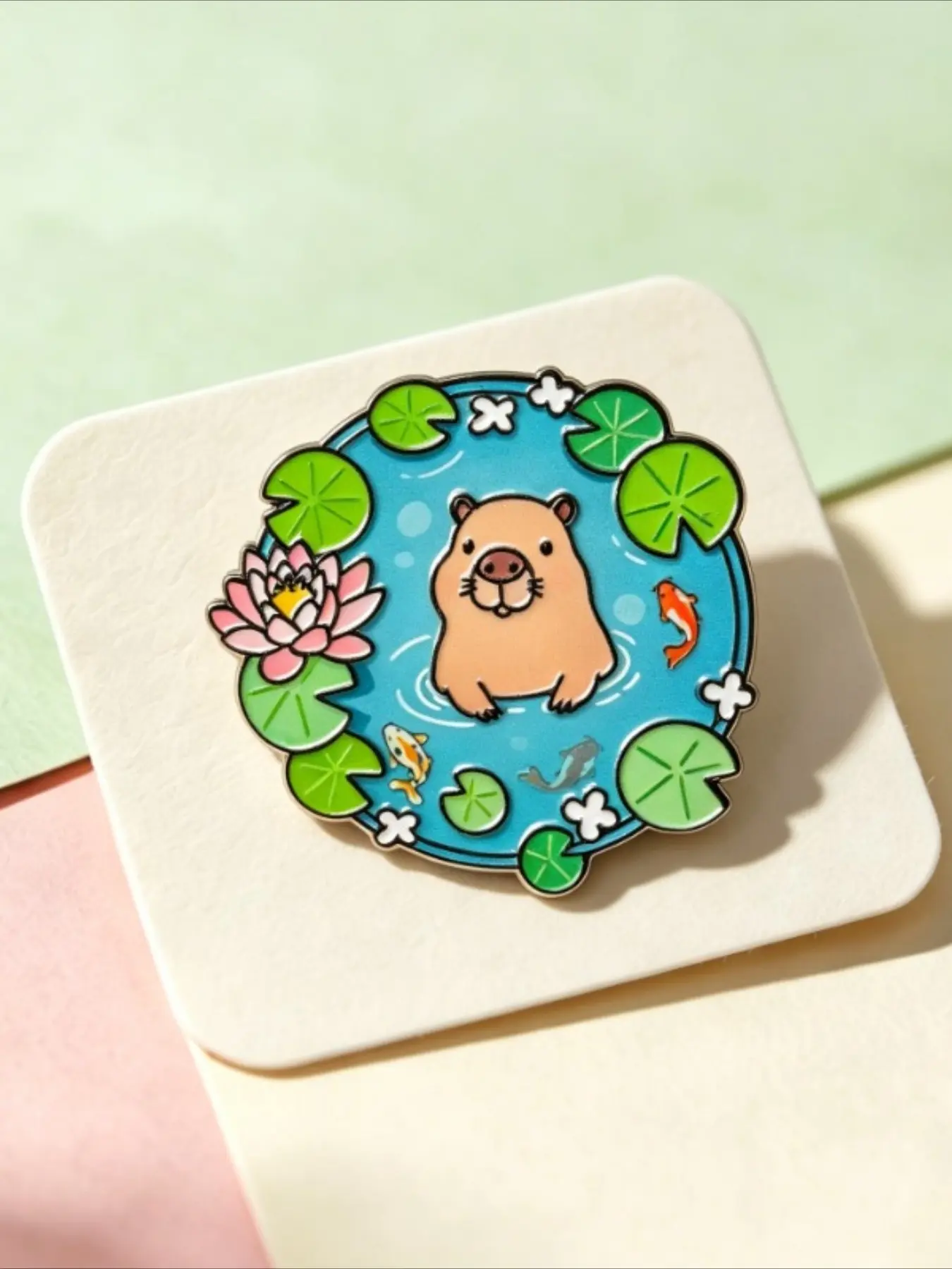 Adorable Swimming Capybara Pond Enamel Pin with Lotus Flower & Koi Fish, Cute Nature Cartoon Brooch Lapel Badge, Lovely Gift for Capybara Enthusiasts,