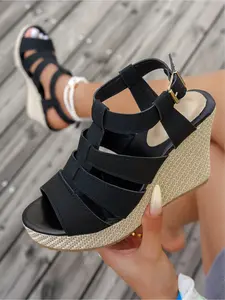Women's Summer Vintage Hollowed-Out Straw Wedge Sandals Open-Toe Buckle Thick-Soled Sandals Beach Sandals Suitable for Vacation, Beach, Pool, Festival Party, and Daily Wear