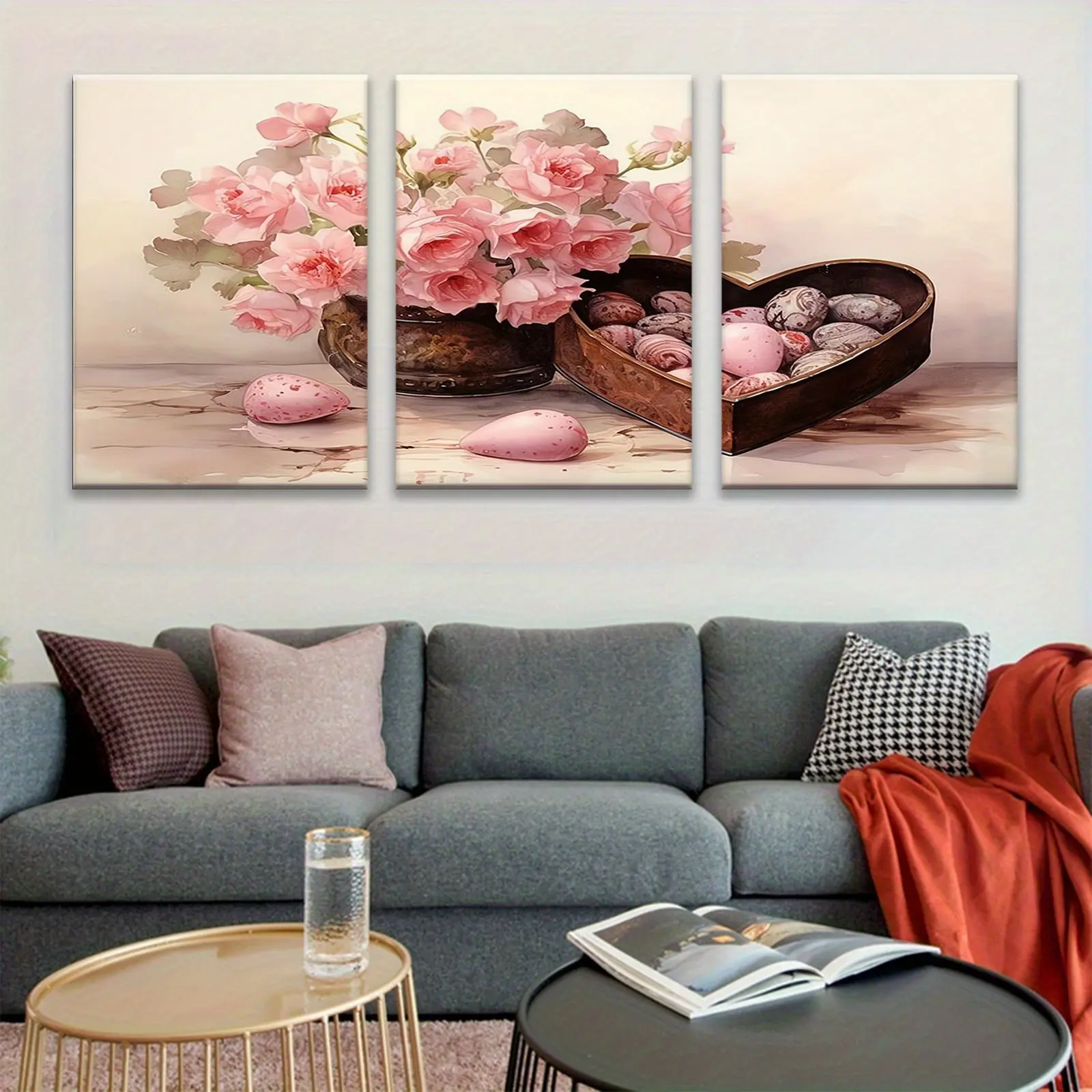 Artistic Rose And Heart-Shaped Chocolate Box Poster Set 3-Piece Canvas Wall Art - Framed, Ready To Hang - For Living Room Bedroom - Perfect Gift For Couples Her Valentine's Day - Wall Decor, Home Decoration