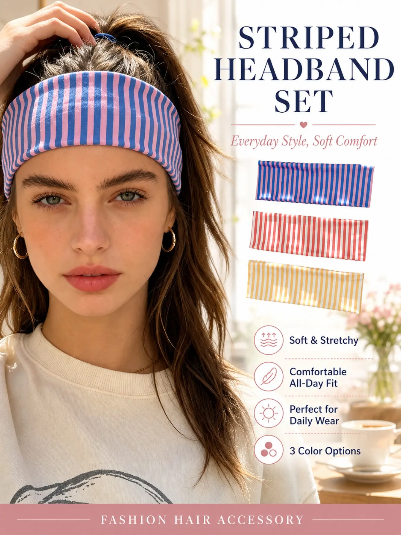 Women Elegant Sweet Striped Print Stretch Elastic Headbands, Fashion Headbands, Soft Sweat-Absorbent Non Slip Sports Hair Accessories, Ideal for Yoga, Running, Workout, Gym & Everyday Casual Styling