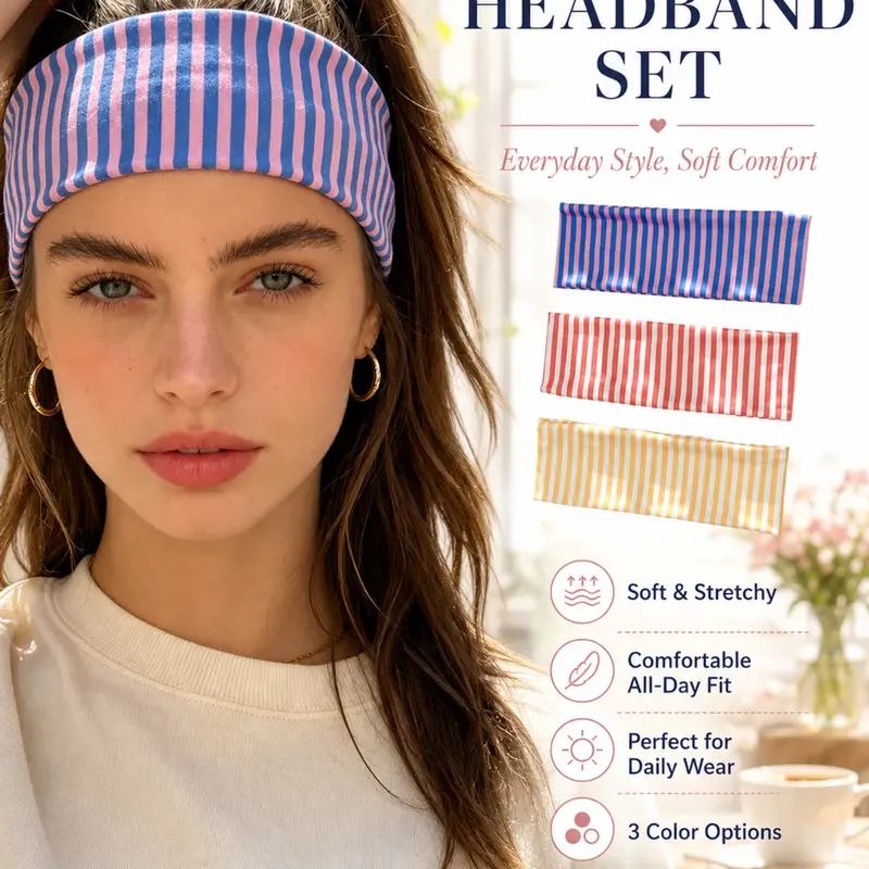 Women Elegant Sweet Striped Print Stretch Elastic, Soft Sweat-Absorbent Non Slip Sports Hair Accessories, Ideal for Yoga, Running, Workout, Gym & Everyday Casual Styling, Stretchy Headbands