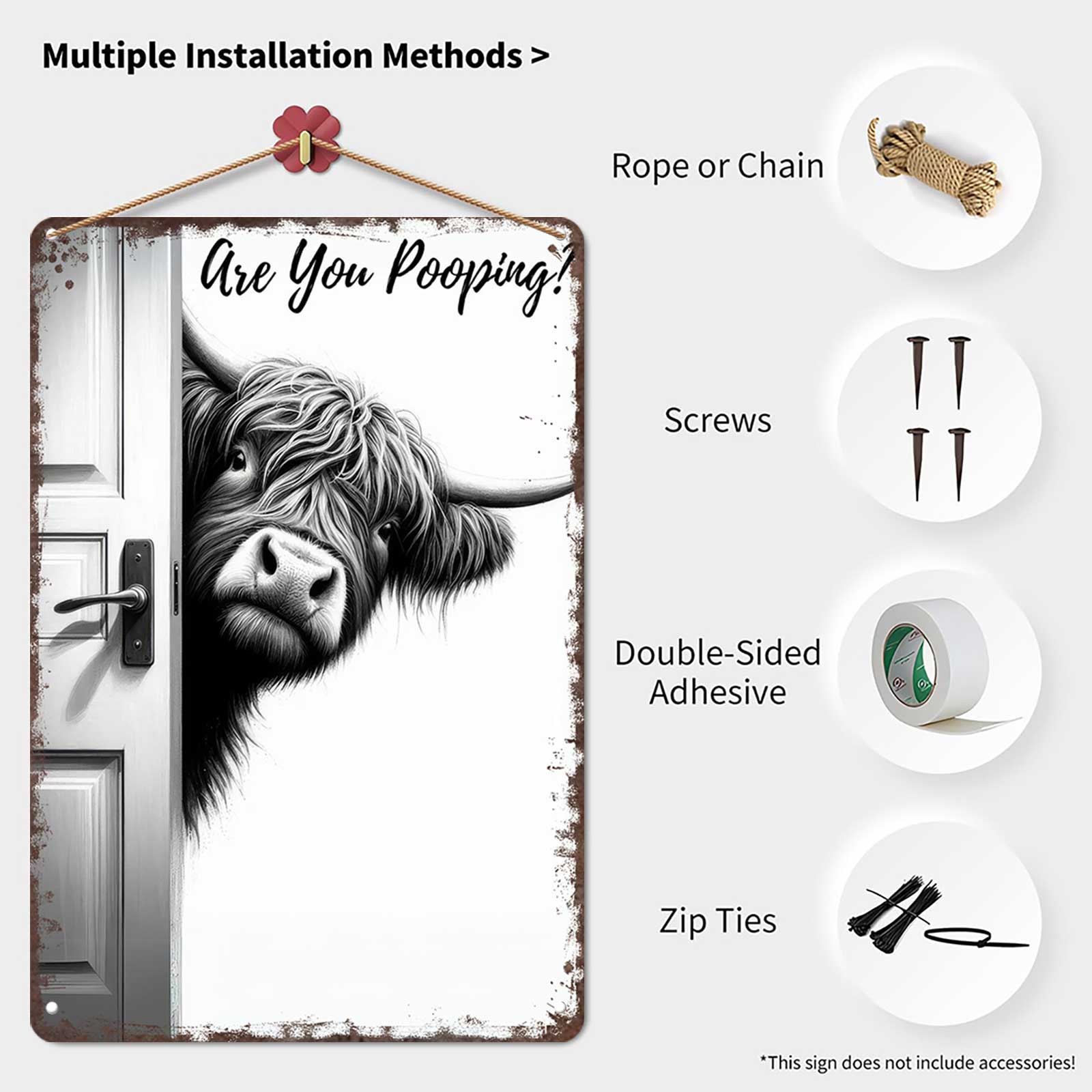 Vintage Highland Cow Aluminum Sign: Funny "Are You Pooping?"Black and White Bathroom Wall Decor for Western & Highland Cow Lovers 8 x 12 Inch Decorative Plaquebedroom decor