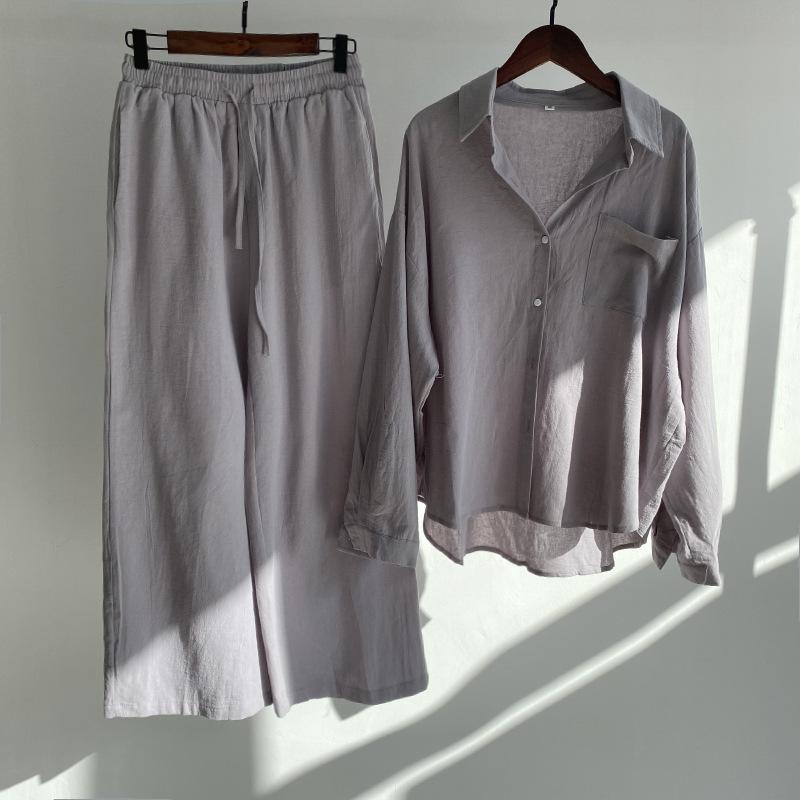 Ms. Xun's 2-piece Retro Plus Size 2026 Cotton Linen Shirt Set with High-waisted Loose Trousers