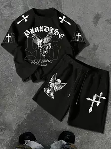 American High Street Angel Print Set, Unisex Casual Sport Two-Piece, Casual Sportswear, Loose-Fit Short Sleeve Tee, All Seasons Wear