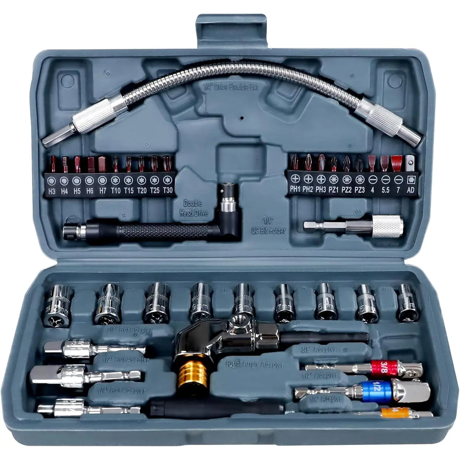 Flexible Drill Bit Extension Set with 105 °   Right Angle Adapter, Metric Sockets, Magnetic Bit Holders, Storage Case