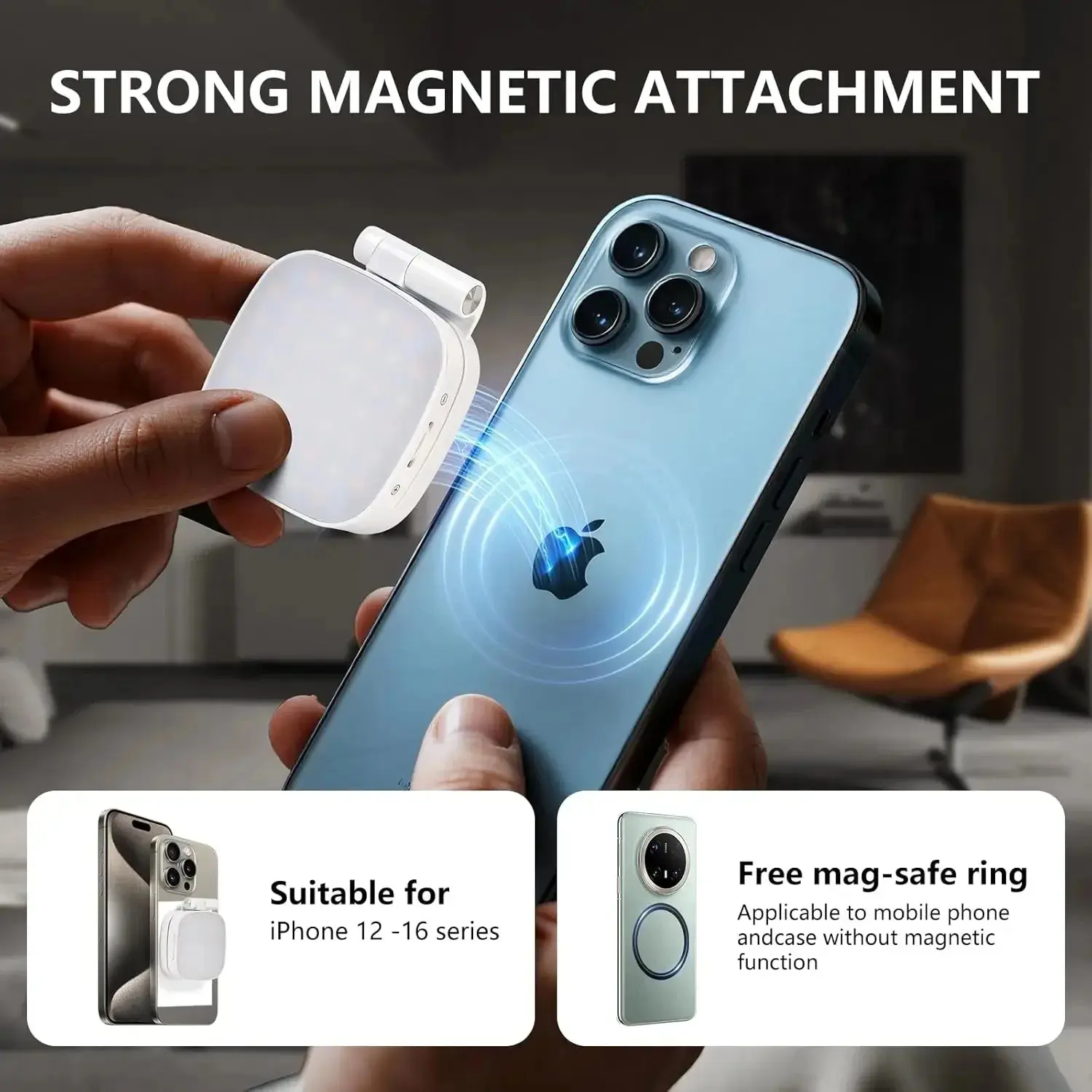 Magnetic MagSafe-Compatible Rechargeable LED Selfie Fill Light with Mirror, 5 Color Temps, Foldable Free Ring for iPhone Users