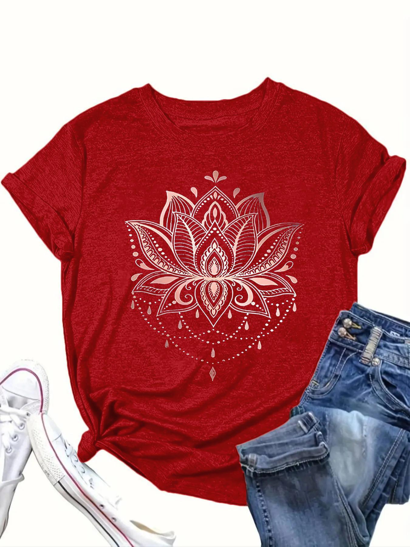 【Plus Size】 Lotus Graphic Tee, Boho Casual Crew Neck Short Sleeve Lightweight T-shirt for Daily Holiday Vacation Wear, Women Clothing for All Seasons