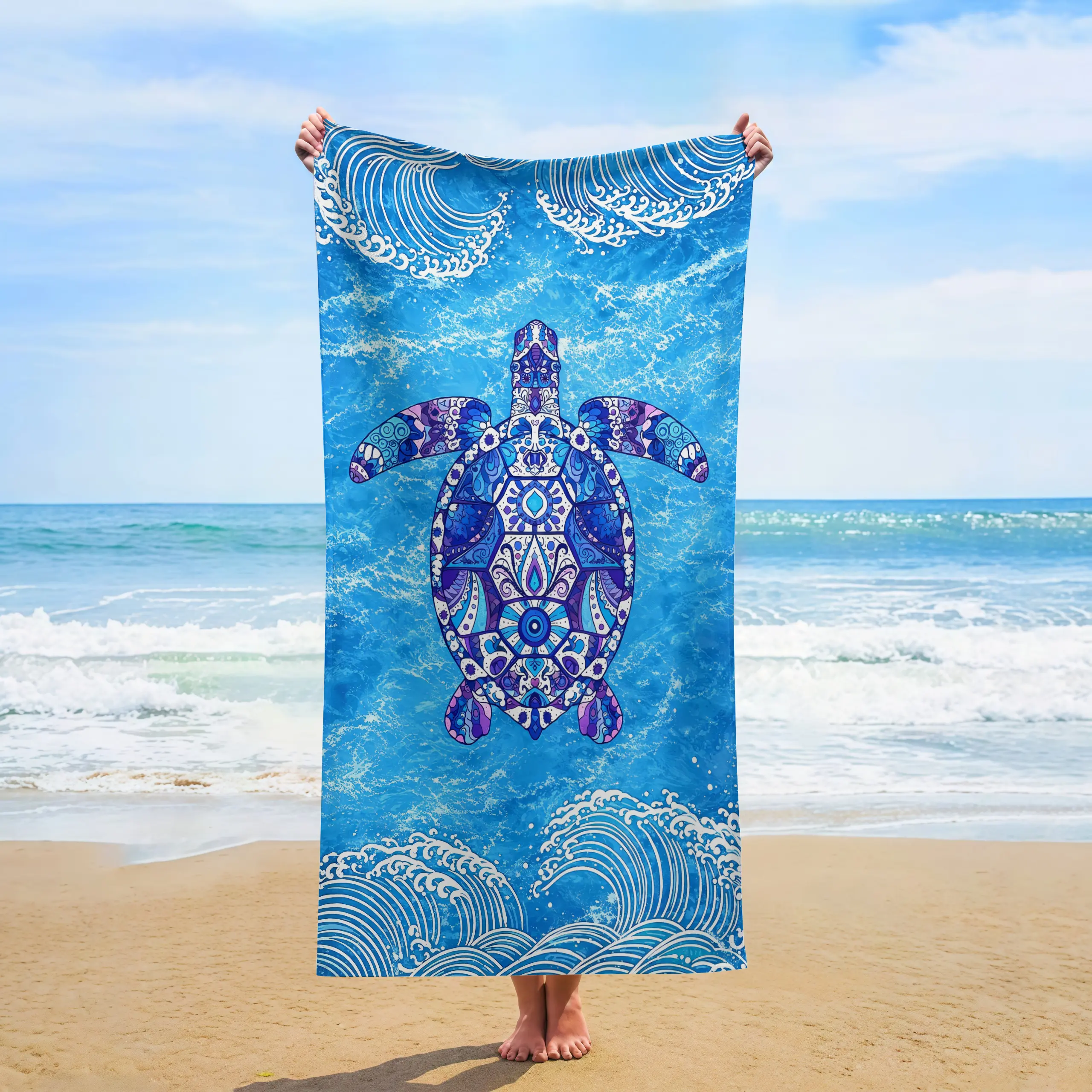 Coastal Ocean Sea Turtle Boho Mandala Beach Towel,Coastal Aesthetic Summer Vacation Beach Accessory Gift For Ocean & Boho Lovers,Lightweight Beach Towel For Swimming, Camping & Tropical Holiday