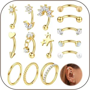 KRFY 14Pcs 16G Rook Piercing Jewelry Set • Surgical Steel Curved Barbell & Daith Hoop Earrings • Cartilage Eyebrow Piercing Jewelry for Women