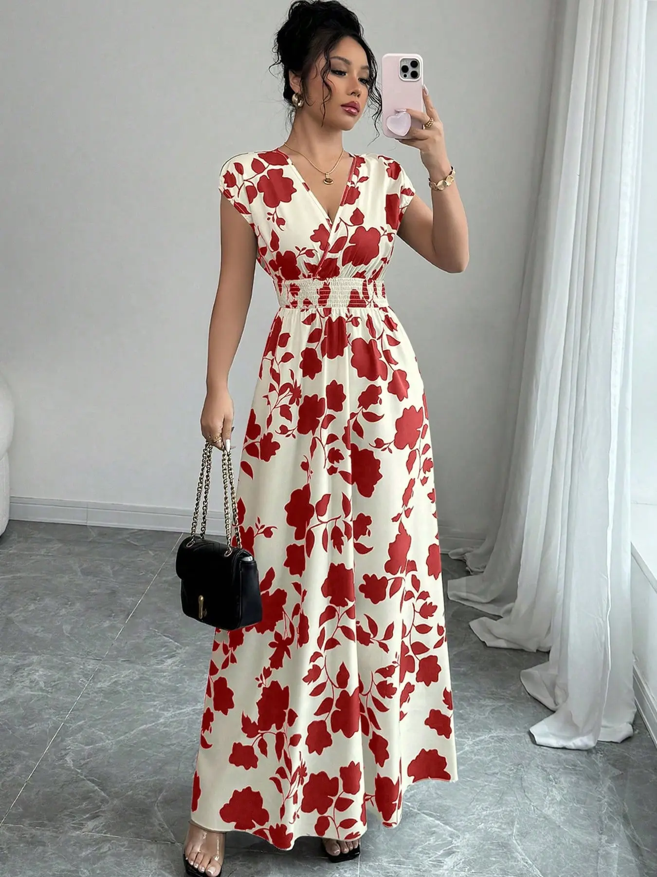 Vintage Floral Print Long Skirt, Women's Wrap V Neck Short Sleeve Ruched Waist a Line Dress, Casual Holiday Wedding Guest Gown