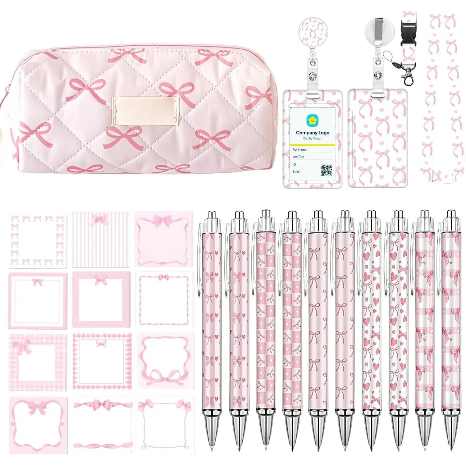 Bow School Supplies,Includes  Bow Ballpoint Pens, Bow Sticky Notes,ID Badge Holder,Pencil Holder,for Office School Supplies (bow)