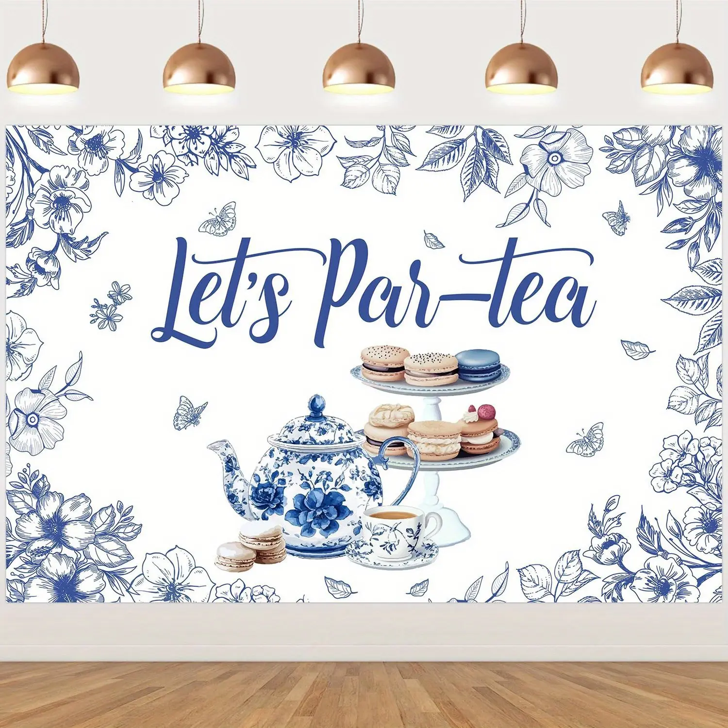 5x3 ft Cloth Tea Party Backdrop - Blue White Porcelain Chinoiserie Design, Tea Set Party Decor, Wall Mount Photo Prop for Bridal Shower Wedding Birthday Supplies, One-Piece