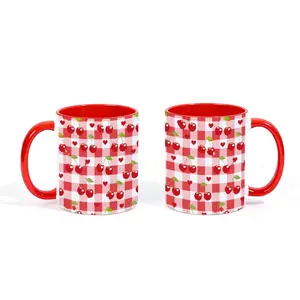 Red White Gingham Cherry Tiny Heart Two Tone Red Interior Ceramic Coffee Mug,Cute Coquette Cottagecore Red Cherry Plaid Check Pattern Printed Tea Cup,Sweet Summer Fruit Mini Pink Heart Soft Feminine Kitchen Daily Drinkware