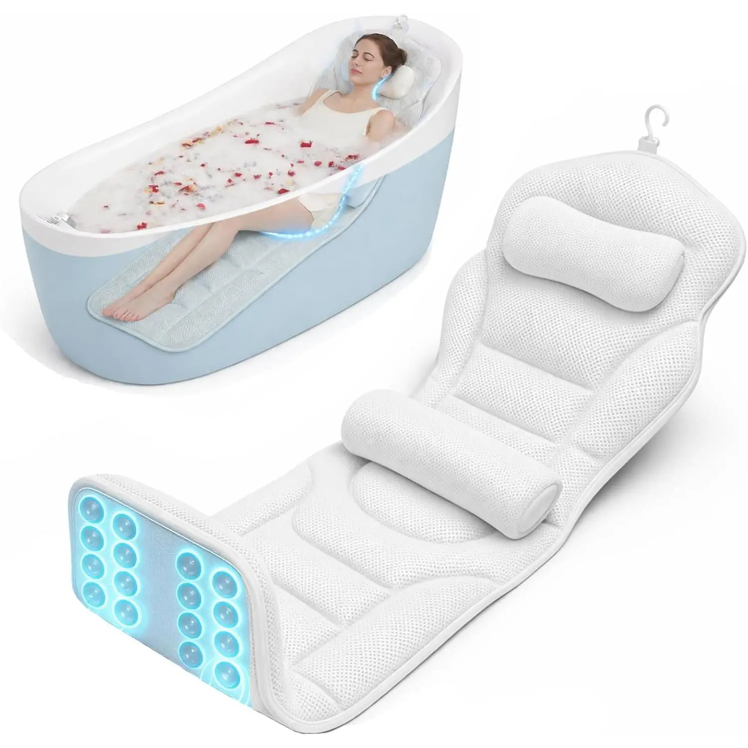 Full  Bathtub Pillow with  Support, 5D Air Mesh Bathtub Cushion for Soaking Tub, 168 Suction Cups Full Bath Pillow for -Yoga , Deep Relaxation & Romantic Baths