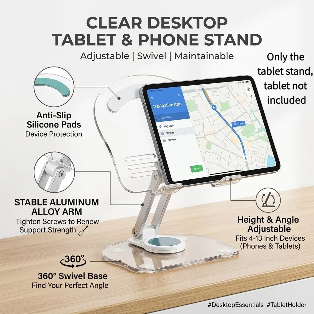 360° Swivel Clear Acrylic Tablet & Phone Stand, Height Angle Adjustable Metal Arm Desktop Holder Compatible with iPad, Switch, iPhone, Tablet Stands