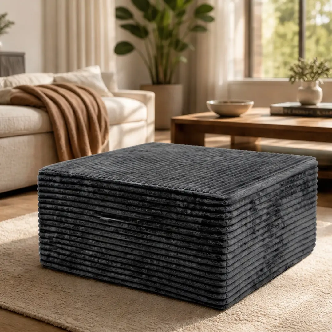 Modern Rectangular Grey Minimalist Corduroy Foam Ottoman Stool - Fully Assembled, Plush Soft Fabric, Spot Clean, 30l x 10w x 9h in, Single Box, Apartment Living Room Accent Footstool