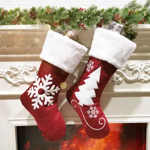2 Pcs 18 inches Christmas Stockings, Burlap with Large Plush Cuff, for Family Holiday Xmas Party Decorations