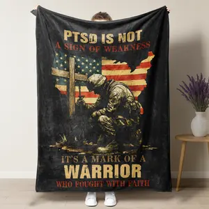 Distressed "PTSD Is A Mark Of A Warrior" Quote Fleece Blanket, High Comfort Anti-Pilling Blanket Great For Veteran Family Gatherings, RV Road Trips & Patriotic Holidays