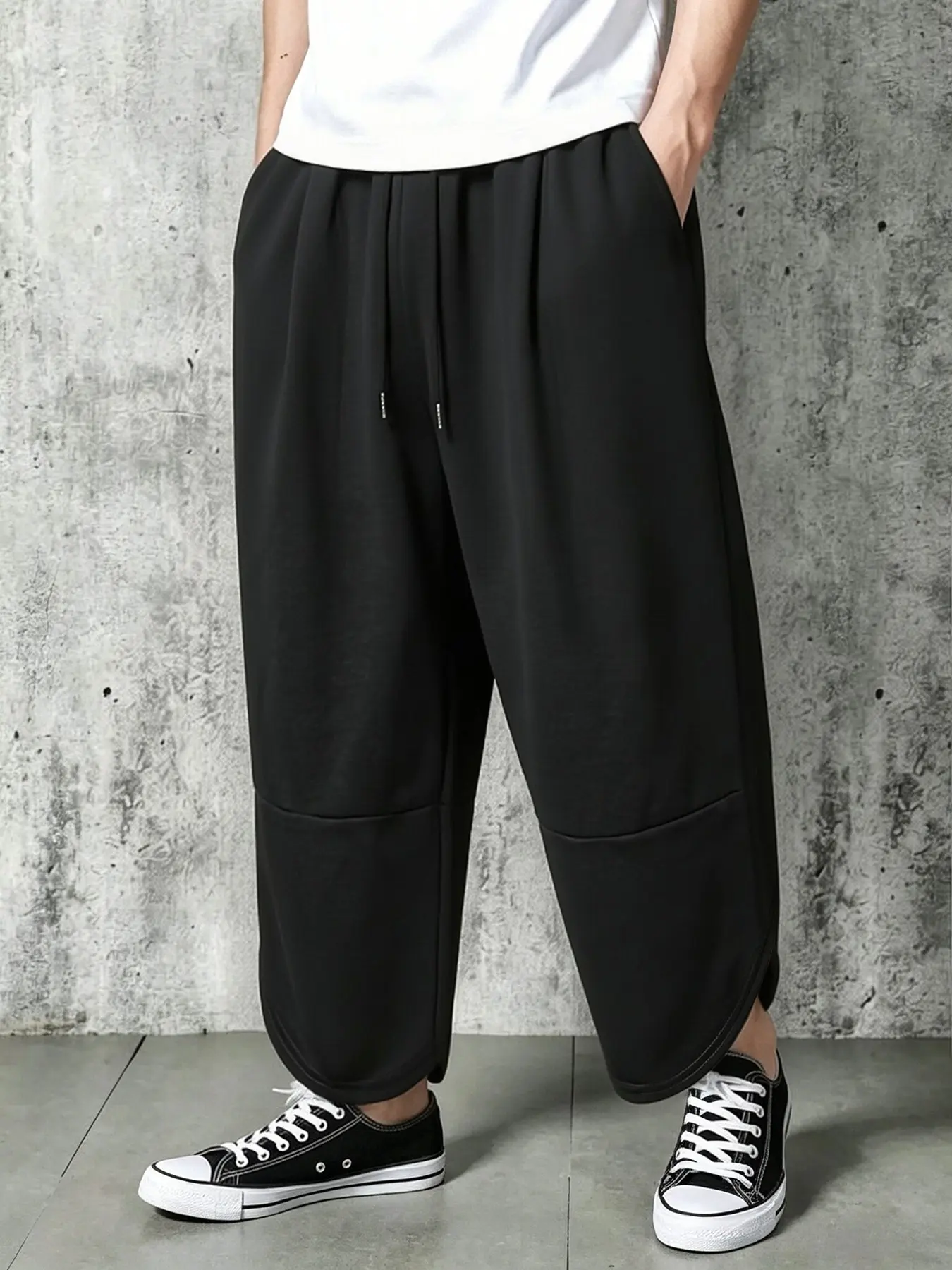 Men’s Split Seam Drawstring Elastic Waist Wide Capri Sweatpants, Minimal Streetwear Athleisure Viral Hot Search 2026, Thick Soft Breathable Heavyweight French Terry Fabric, Adjustable Self-Tie Drawstring High Waist Design