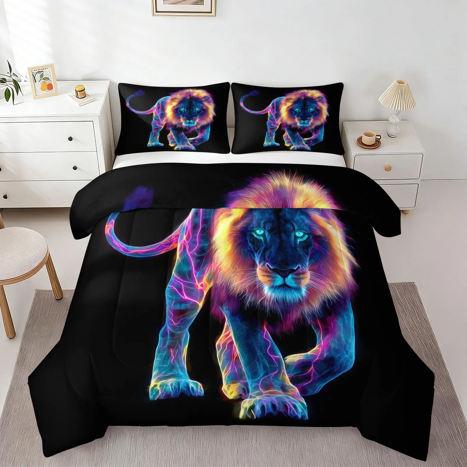 2/3Pcs Neon Wild Animal Print Comforter Set, Vibrant Glowing Spider Snake Wolf Lion Quilt Bedding Set with Pillowcases, Bold Black Background Animal Pattern Bedding for Teens, Boys & Wild Style Lovers Bedroom Decor