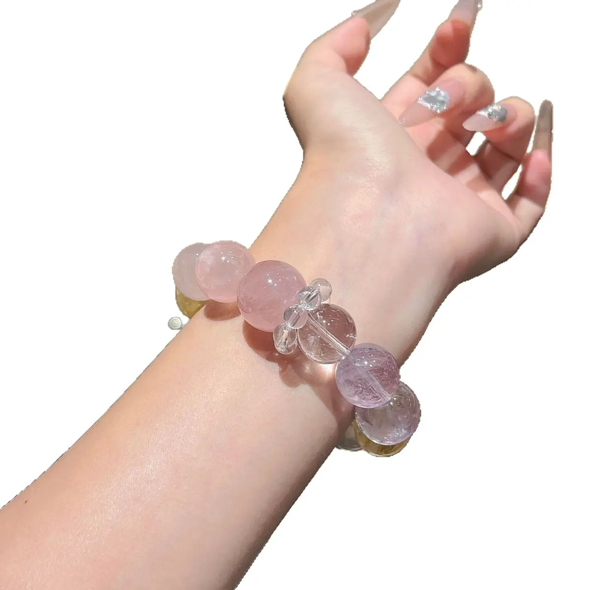 Women's Natural Round Strawberry Quartz Beaded Bracelet - Hand-Assembled, Hollow Crystal Accent, Peach Dew Mix Design, Durable High-Elastic Stretch Cord, Exclusive Natural Internal Inclusions, All-Day Comfort, Adults' Jewelry Gift for Birthday, Female, Co