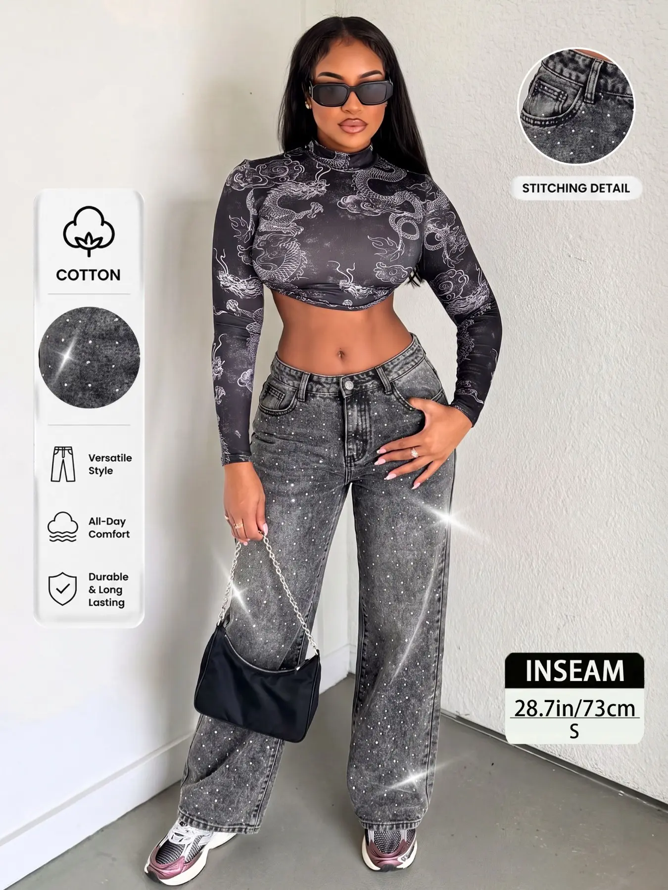Latinx Street Style Mid-Rise Straight Leg Bling Jeans, Sparkle Rhinestone Embellished, Snow Wash Denim Washed Denim Pants, Slimming Casual & Sexy Everyday Pants, Trendy Summer Bottoms, Elegant Chic All-Season Womenswear