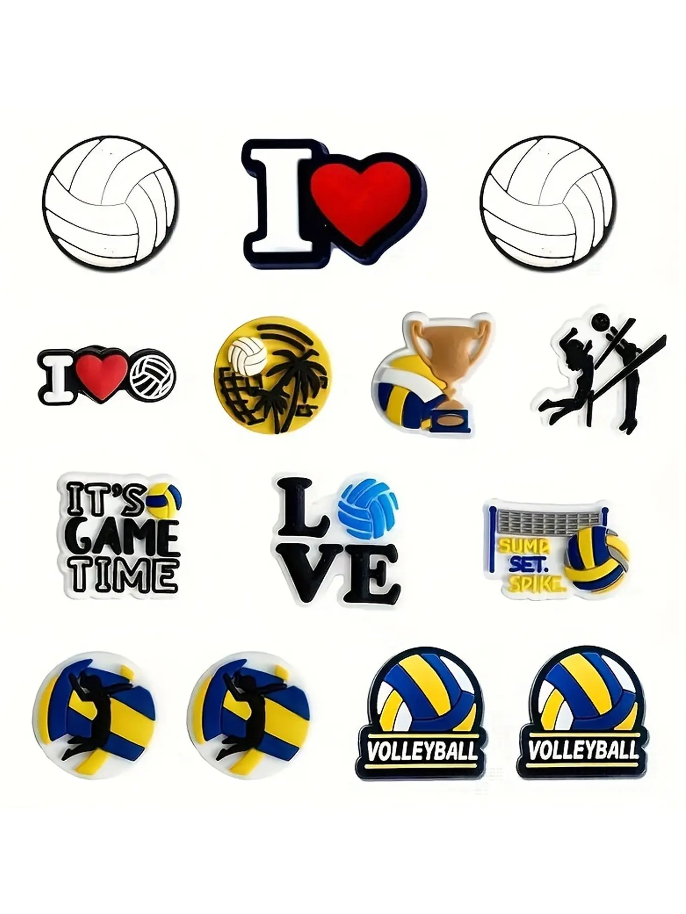 Sports Volleyball Series Shoe Accessories Set, 14 Pieces, Beach Volleyball Shadow Heart Slogan Soft Gel Decorations, Versatile Footwear Accents, Shoe Decoration Charms, Decorative Shoe Accessories, Shoe Embellishment Set