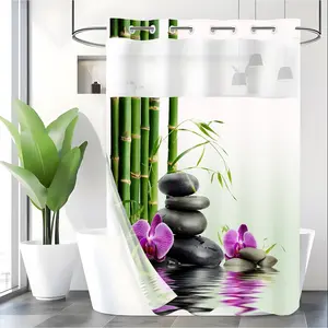 LVRLVR 1pc Zen Spa Bamboo Stone Orchid Shower Curtain, Oriental Water Reflection Floral Print, Sheer Top Window, Detachable Liner & No Hook C-Ring, 70.8" x 74"