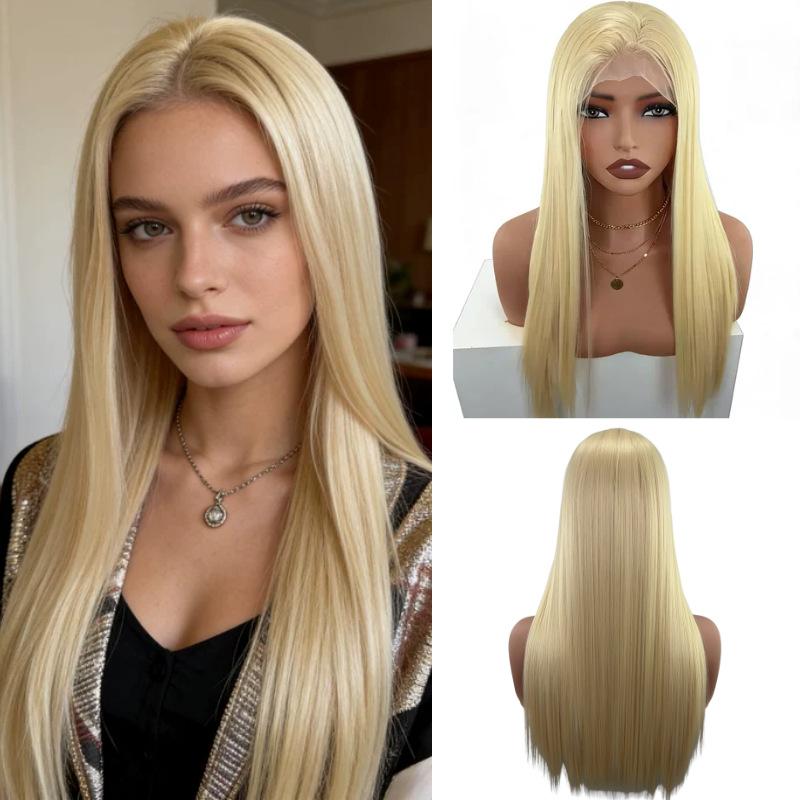 Front lace wig for women, long straight hair, no bangs, available in multiple colors, high-end and realistic