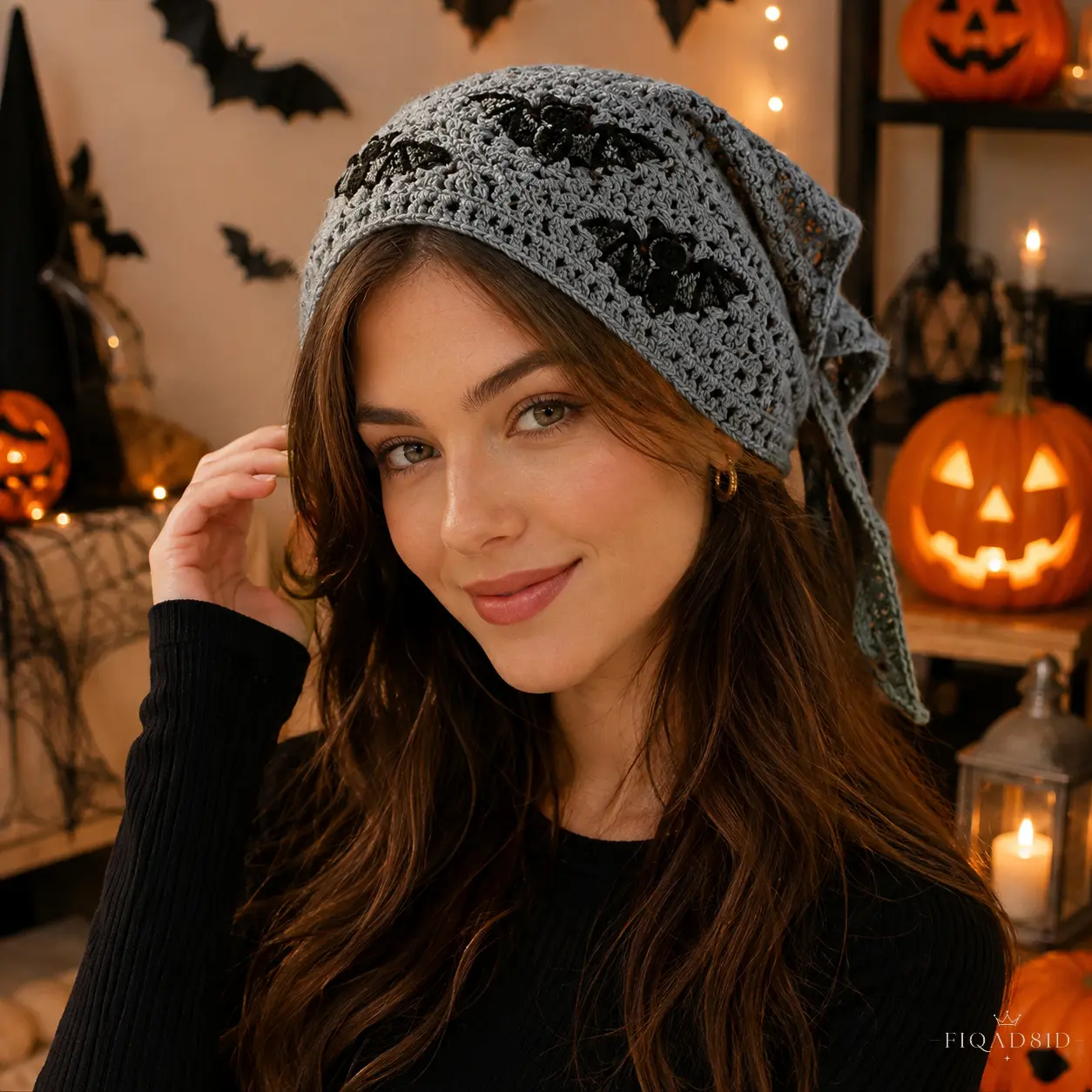 Female Knitted Cloth Triangle Gothic Headscarf - Adjustable Tie-Back, Hollow Out, Breathable Crochet Bandana with Black Bat Applique for Halloween Party & Daily Gothic Look