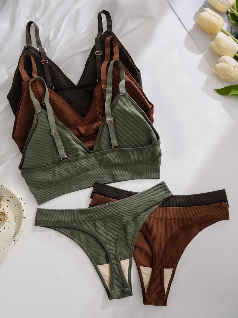 Plus Size Women's Solid Color Ribbed Underwear Set, Soft Comfy Breathable Adjustable Strap Buckleless Bra & Thong for Daily Wear, Underwear Set for Women,  Lingerie for Women