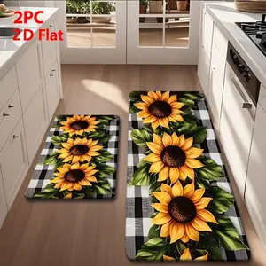 2/3pcs Flannel Kitchen Mat Set, Check Sunflower Print, American Country Style, Absorbent, Bathroom, Laundry Room, Hallway