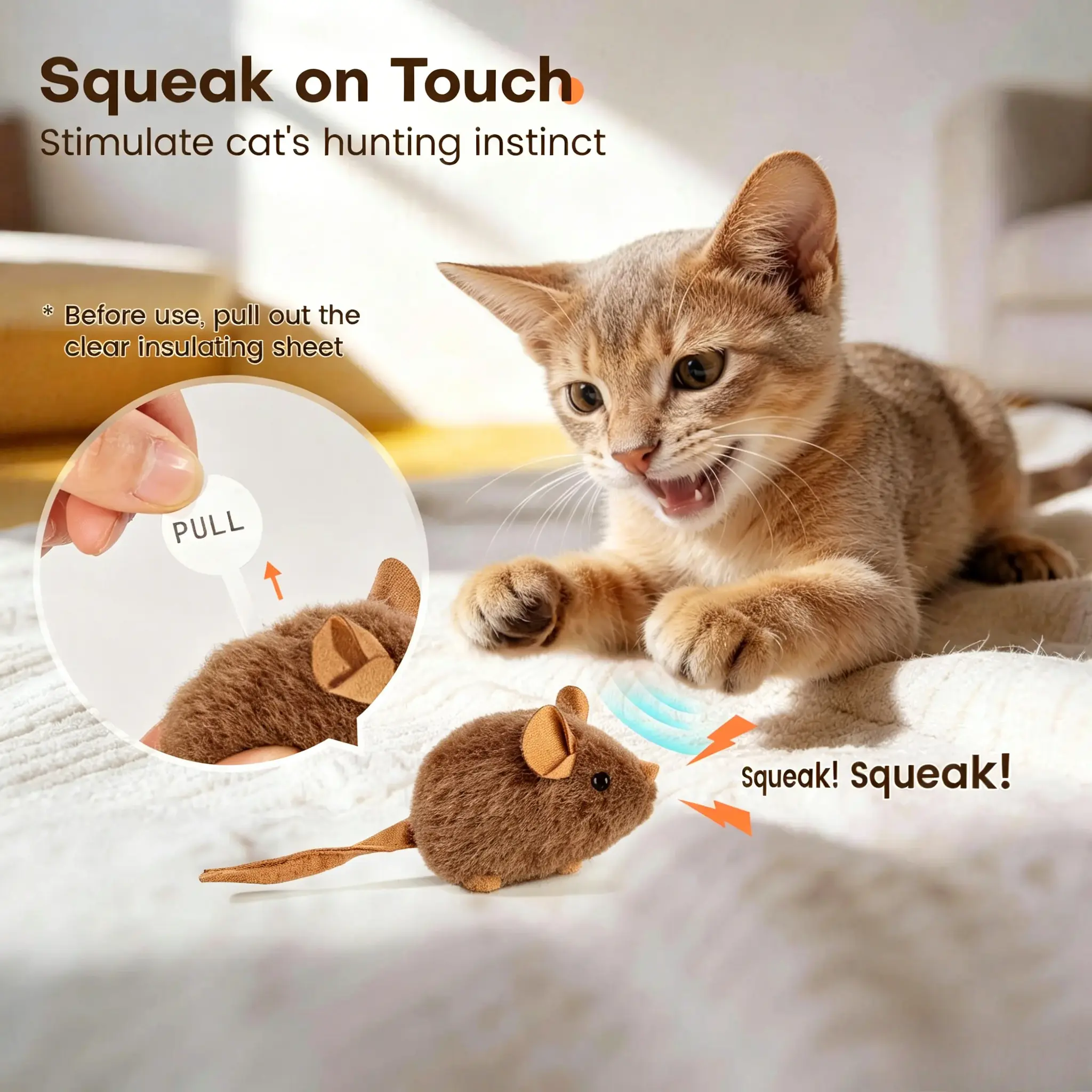 Mouse Shape Synthetic Plush Toy, 3-Pack Squeaky Set for Indoor Cats, Soft & Durable Interactive Chew Toys for Mental Enrichment