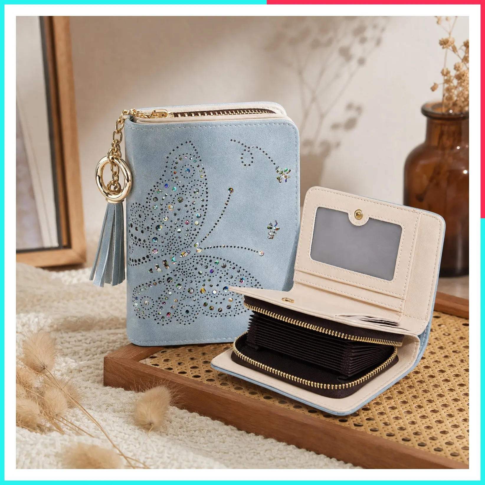 Women's RFID Blocking Small Bifold Wallet, Compact Cash Clutch with Zipper Coin Pocket, Glittery Butterfly Design, Credit Card Holder, Travel Purse with Tassel, Blue