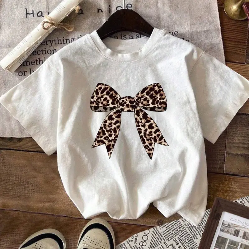Women's Leopard Bow Print Round Neck Tee, Classy Casual Short Sleeve T-shirt for Summer, Ladies Clothes for Daily Wear Top, Casual Summer Style, Womenswear