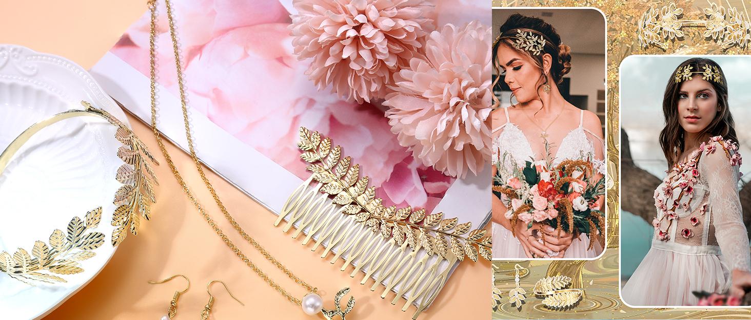 Florideco 9 Pcs Greek Goddess Costume Accessories Set for Women Golden Laurel Leaf Crown Headband Upper Arm Coil Bracelet Pearl Leaf Dangle Earring Artificial Pearl Earrings Necklace Bridal Wedding