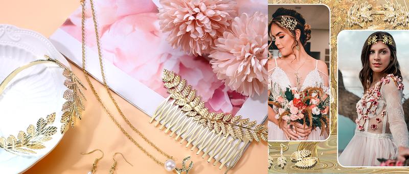 Florideco 9 Pcs Greek Goddess Costume Accessories Set for Women Golden Laurel Leaf Crown Headband Upper Arm Coil Bracelet Pearl Leaf Dangle Earring Artificial Pearl Earrings Necklace Bridal Wedding