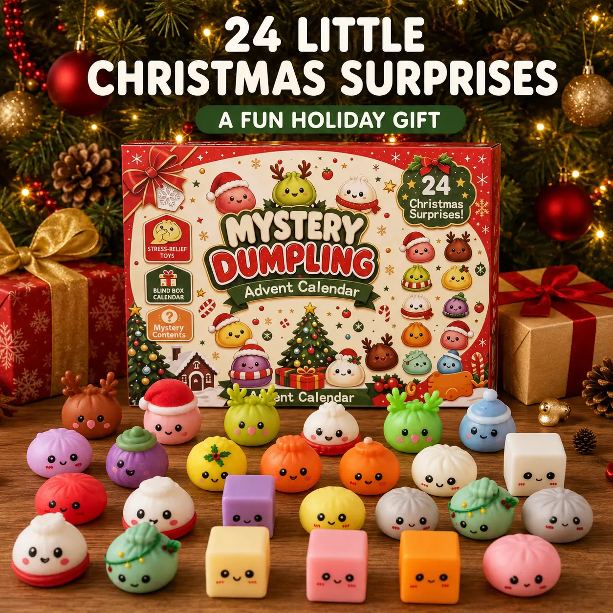 Christmas Advent Calendar 2026, 24 Days Countdown Calendar, Mini Dumpling Squishy Toys with Glitter, Christmas Holiday Gift for Kids