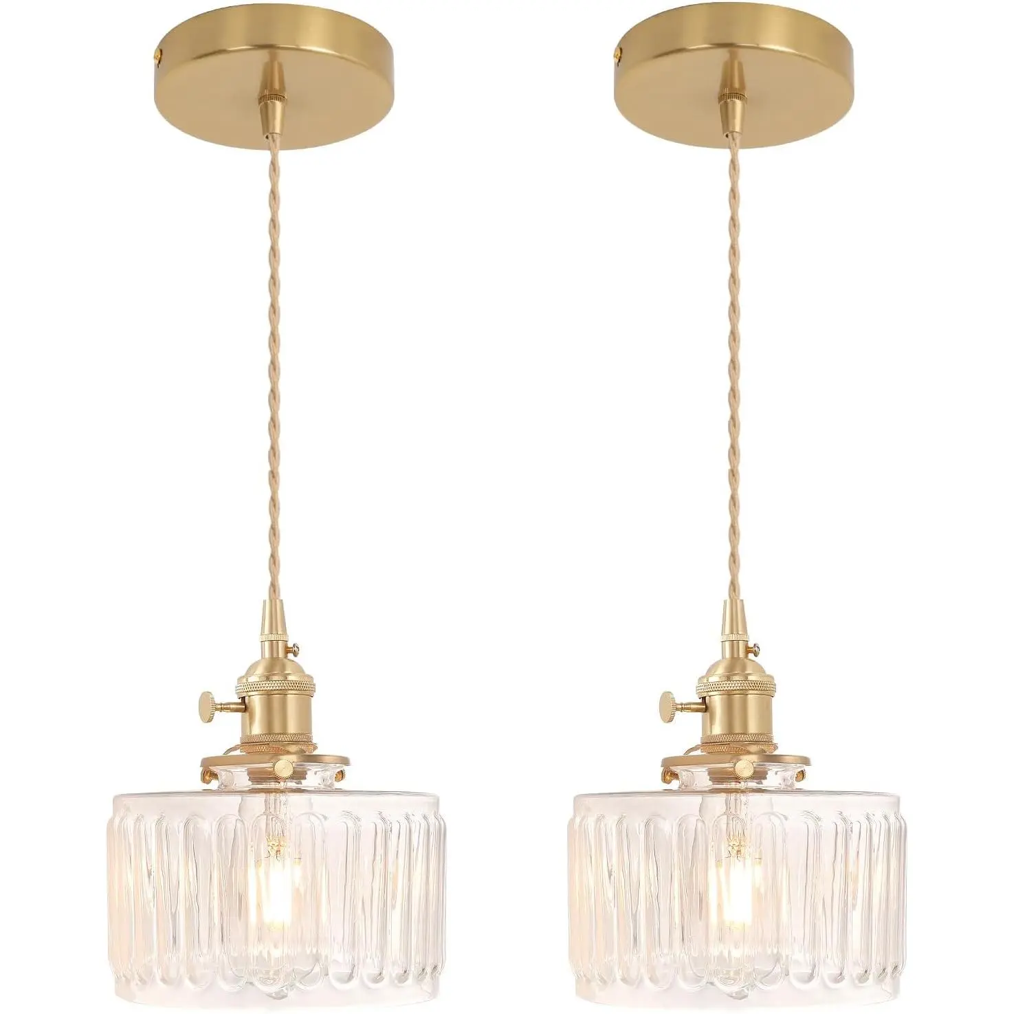 Pendant Light 2 Pack with Clear Striped Glass Lmapshade, Brass Vintage Pendant Light Adjustable Hanging Light for Kitchen Island Dining Room Hallway