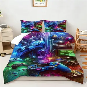 2/3Pcs Trendy E-Sports Game Controller Printed Quilt Set, Cyberpunk Neon Bedding Set (1 Comforter, 1/2 Pillowcase, Pillow Insert Not Included). Soft and Comfortable Bedding, Suitable for Decorating Male Dormitories, Bedrooms, and E-Sports Rooms.