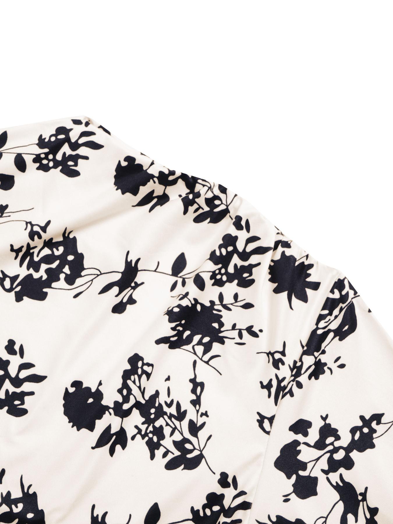 Aliling Women's Elegant Fall Floral Print Dress, One Shoulder Long Sleeve Bubble Sleeves High Waist Bodycon Ruched Midi Dress