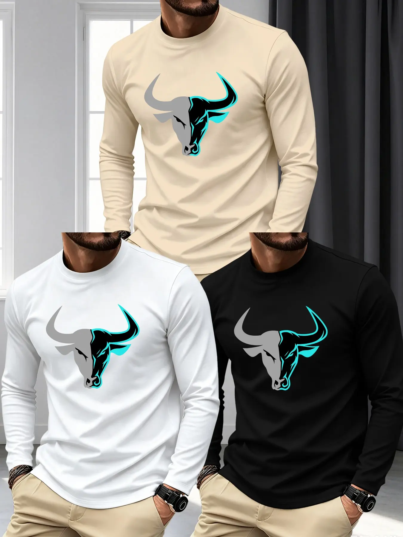 Men Crew Neck Long Sleeve T Shirt Split Two Tone Bull Head Graphic Print Minimal Western Casual Streetwear Tops For Daily Outdoor Travel Spring Autumn Leisure Workout Outfit#mensstreetstyle #westernfits #trendinglongsleeve #viraloutfits